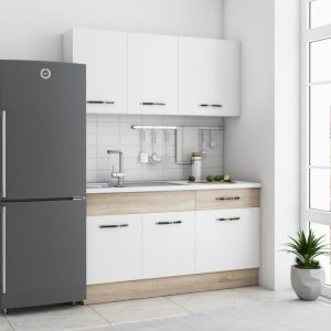 Bucatarie Laura 140 cm, Alb / Sonoma, Blat termic alb