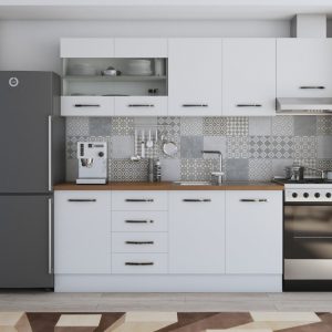 Bucatarie Laura 240, Corp hota, Cu vitrina, Alb, Blat termic nuc