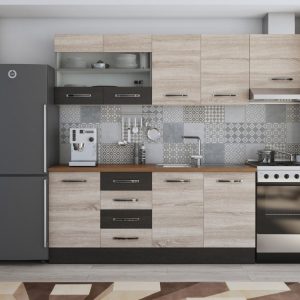 Bucatarie Laura 240, Corp hota, Cu vitrina, Sonoma/Wenge, Blat termic nuc