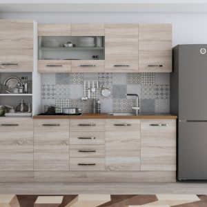 Bucatarie Laura 240, Soldat, Cu vitrina, sonoma, Blat termic nuc