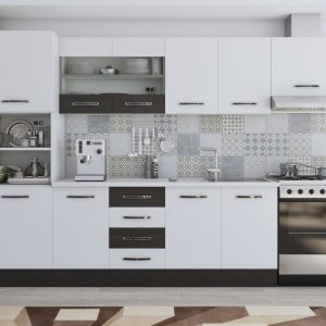 Bucatarie Laura 300, corp hota si soldat, cu vitrina, alb/wenge, blat termic alb