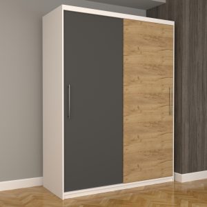 Dulap Dormitor Nova Eco 150 cm x 200 cm, fara oglinda, alb cu usi glisante gri oak craft gold