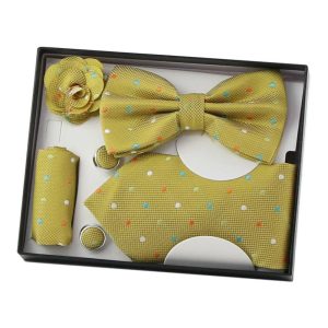 Set cadou pentru barbati 5 piese – Cravata/Papion/Butoni manseta/Batista/Ac rever floare (Galben)
