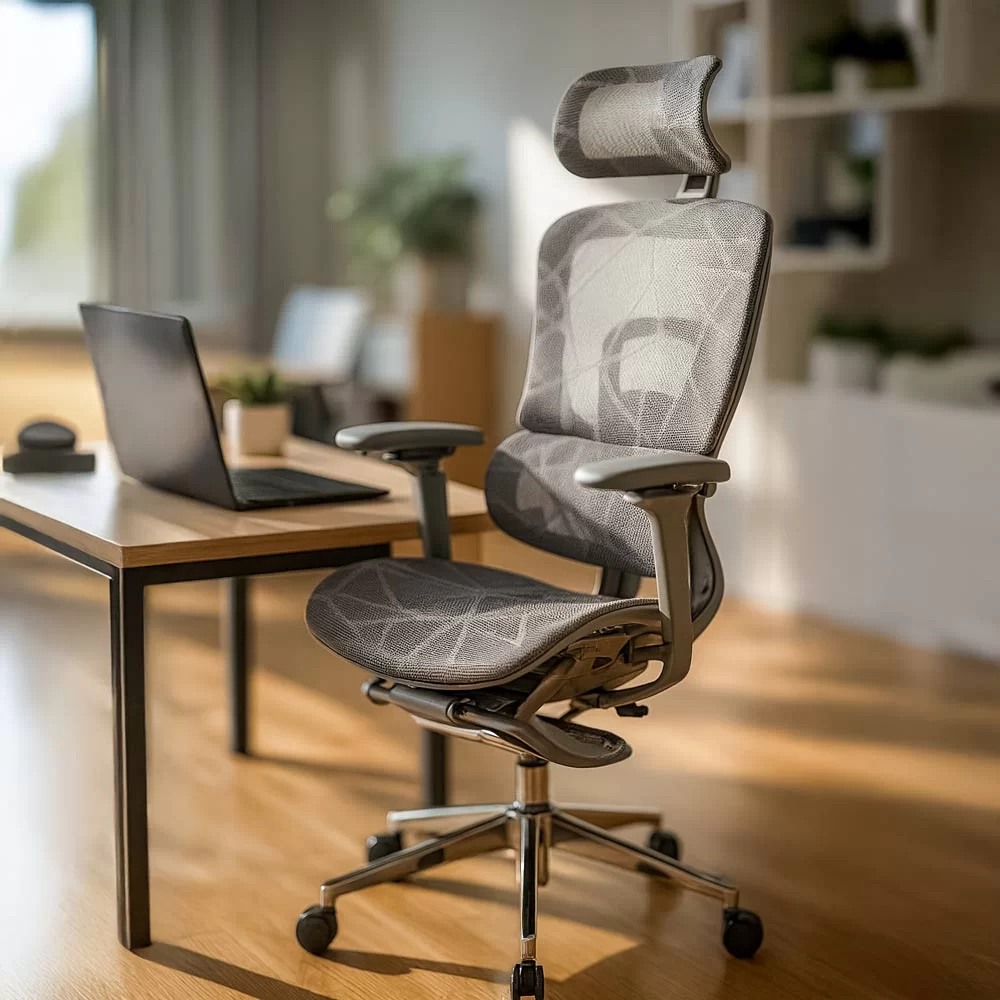 Scaun birou ergonomic gri din mesh cu tetieră reglabilă, brațe 4D și șezut culisant SYYT 9520 - imagine 8