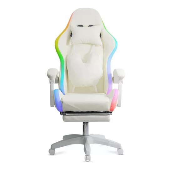 Scaun gaming ergonomic crem din piele ecologică cu suport de picioare si iluminare RGB OFF 298 - imagine 2