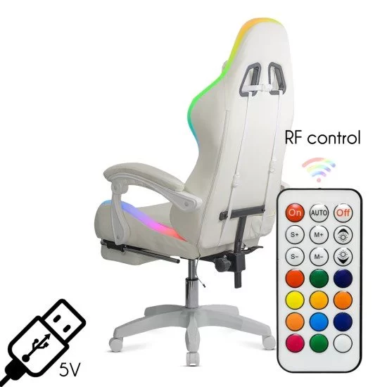 Scaun gaming ergonomic crem din piele ecologică cu suport de picioare si iluminare RGB OFF 298 - imagine 4