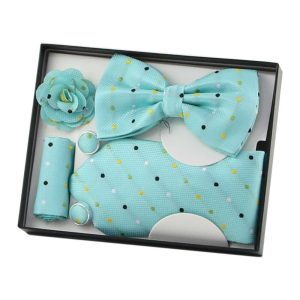 Set cadou pentru barbati 5 piese – Cravata/Papion/Butoni manseta/Batista/Ac rever floare (Albastru)