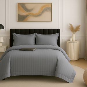 Lenjerie pat damasc policoton   (GRI-ARGINTIU)