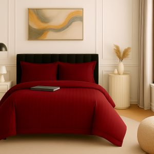 Lenjerie pat damasc policoton   (ROSU-BRUNAT)