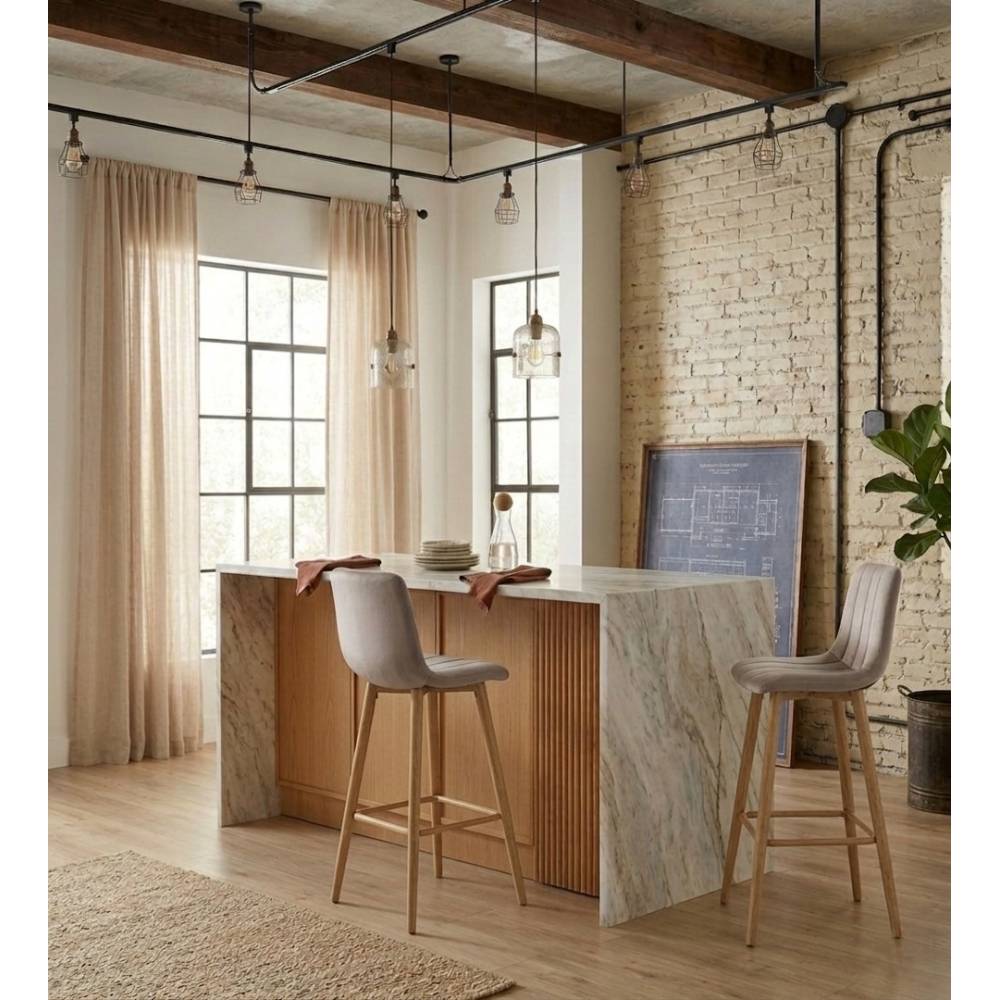 Scaun Bar Zargo Catifea Grej , Picioare Metalice Finisaj Lemn - imagine 3