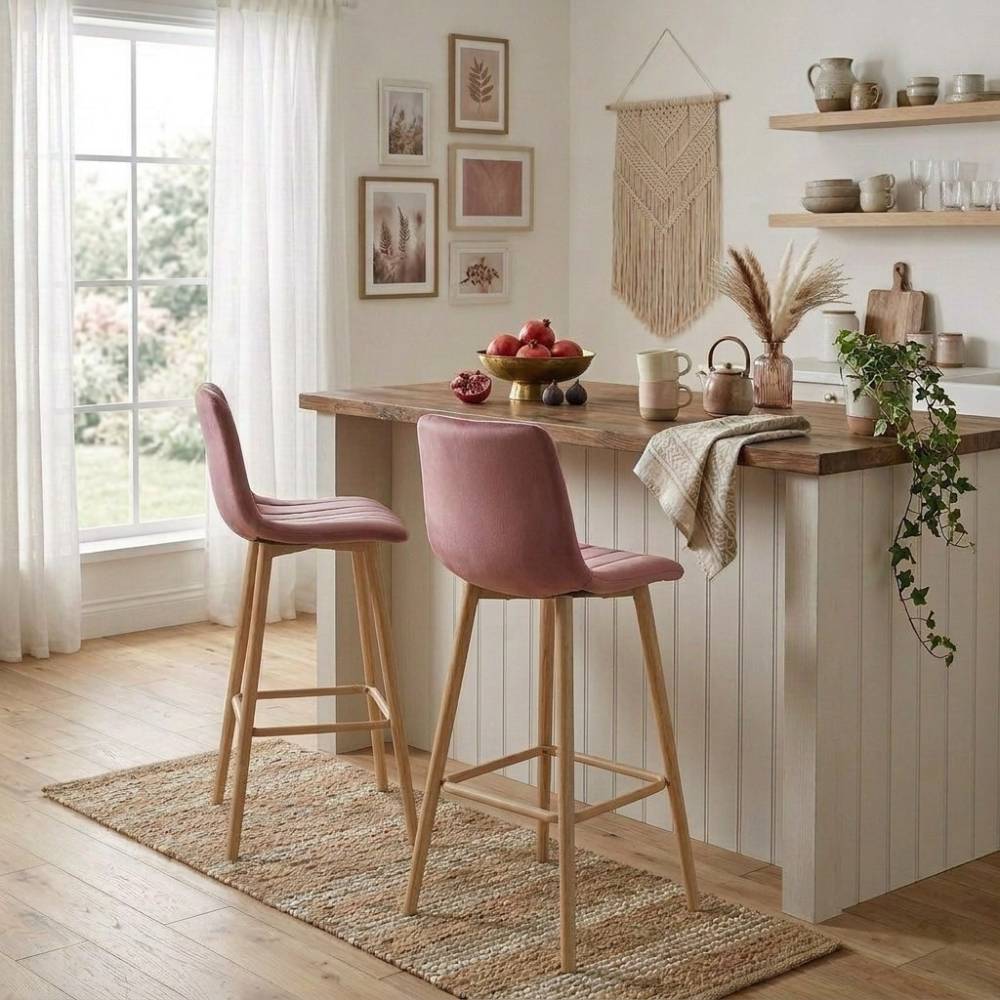 Scaun Bar Zargo Catifea Roz , Picioare Metalice Finisaj Lemn - imagine 4