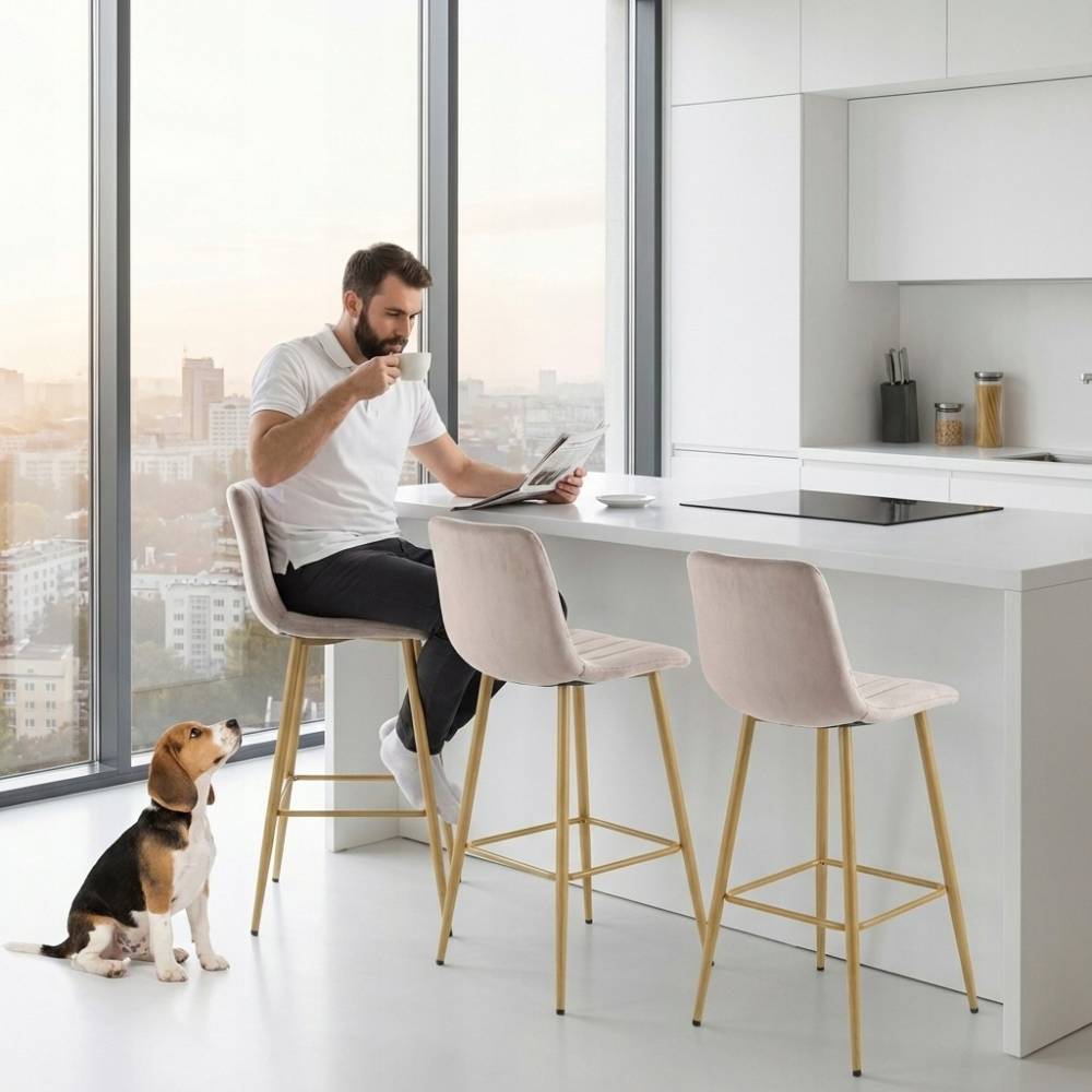 Scaun Bar Zargo Catifea Grej , Picioare Metalice Finisaj Lemn - imagine 6