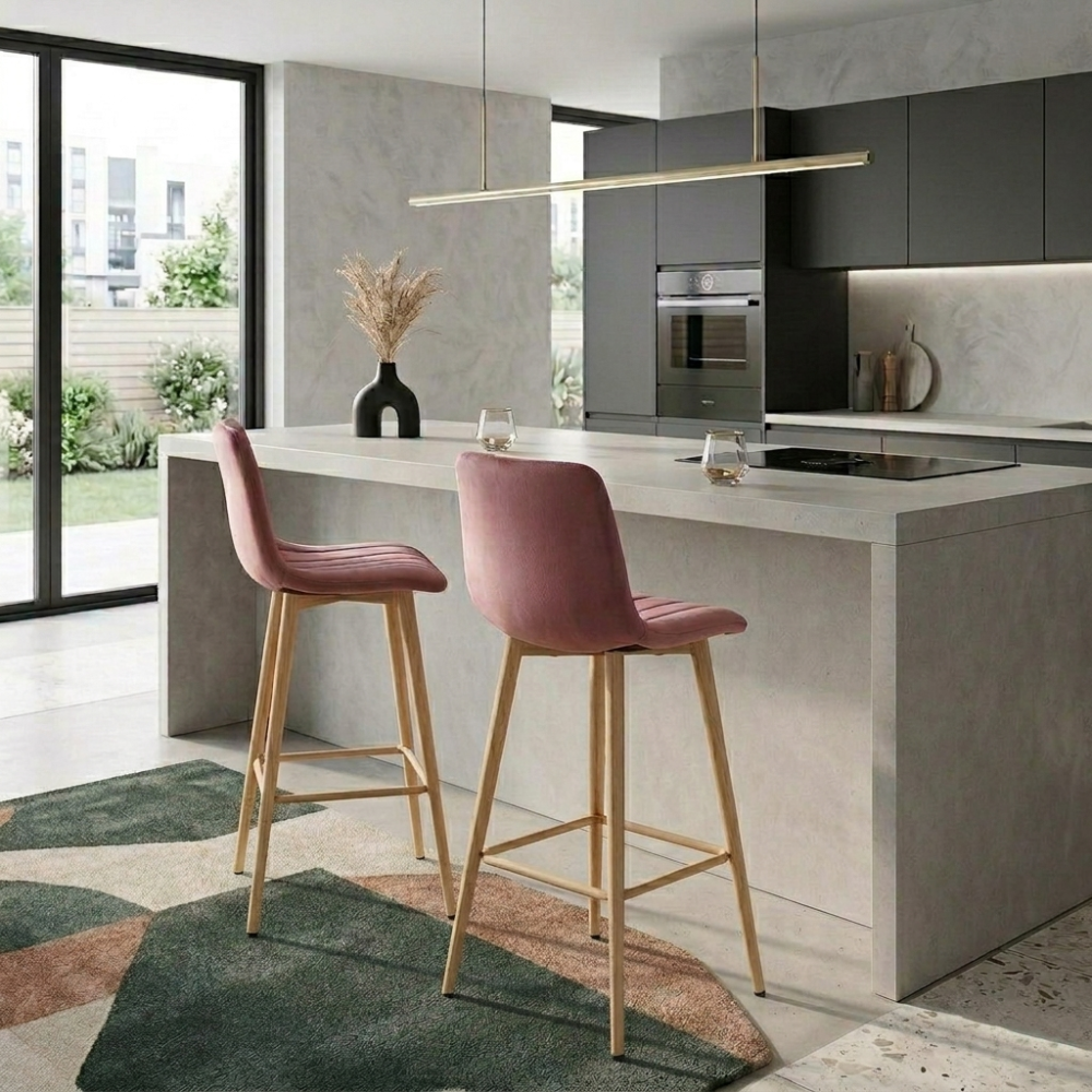 Scaun Bar Zargo Catifea Roz , Picioare Metalice Finisaj Lemn - imagine 6