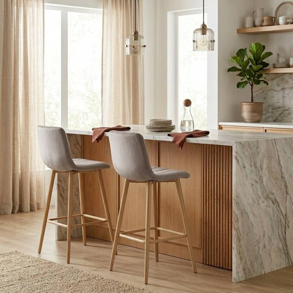 Scaun Bar Zargo Catifea Grej , Picioare Metalice Finisaj Lemn - imagine 5