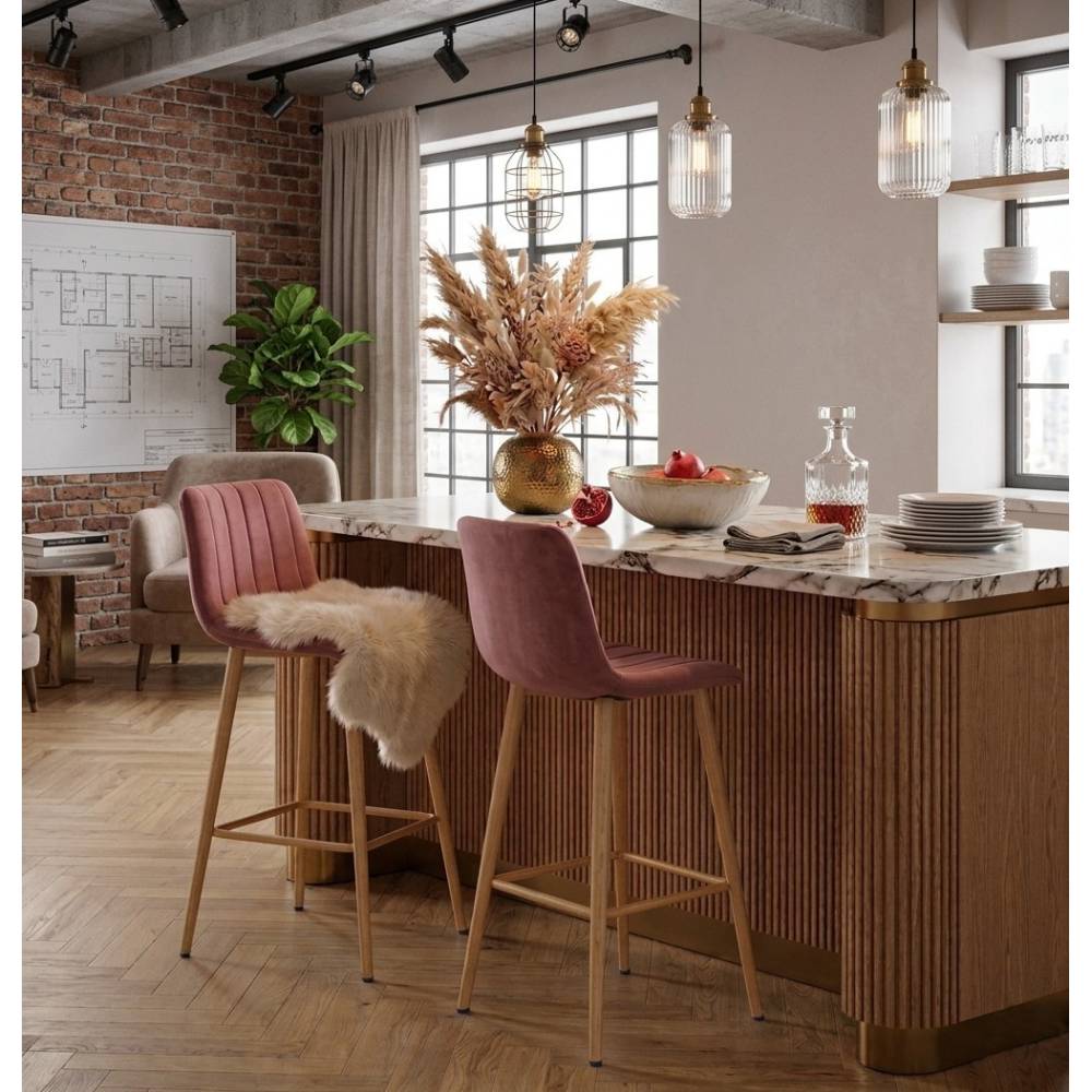 Scaun Bar Zargo Catifea Roz , Picioare Metalice Finisaj Lemn - imagine 5